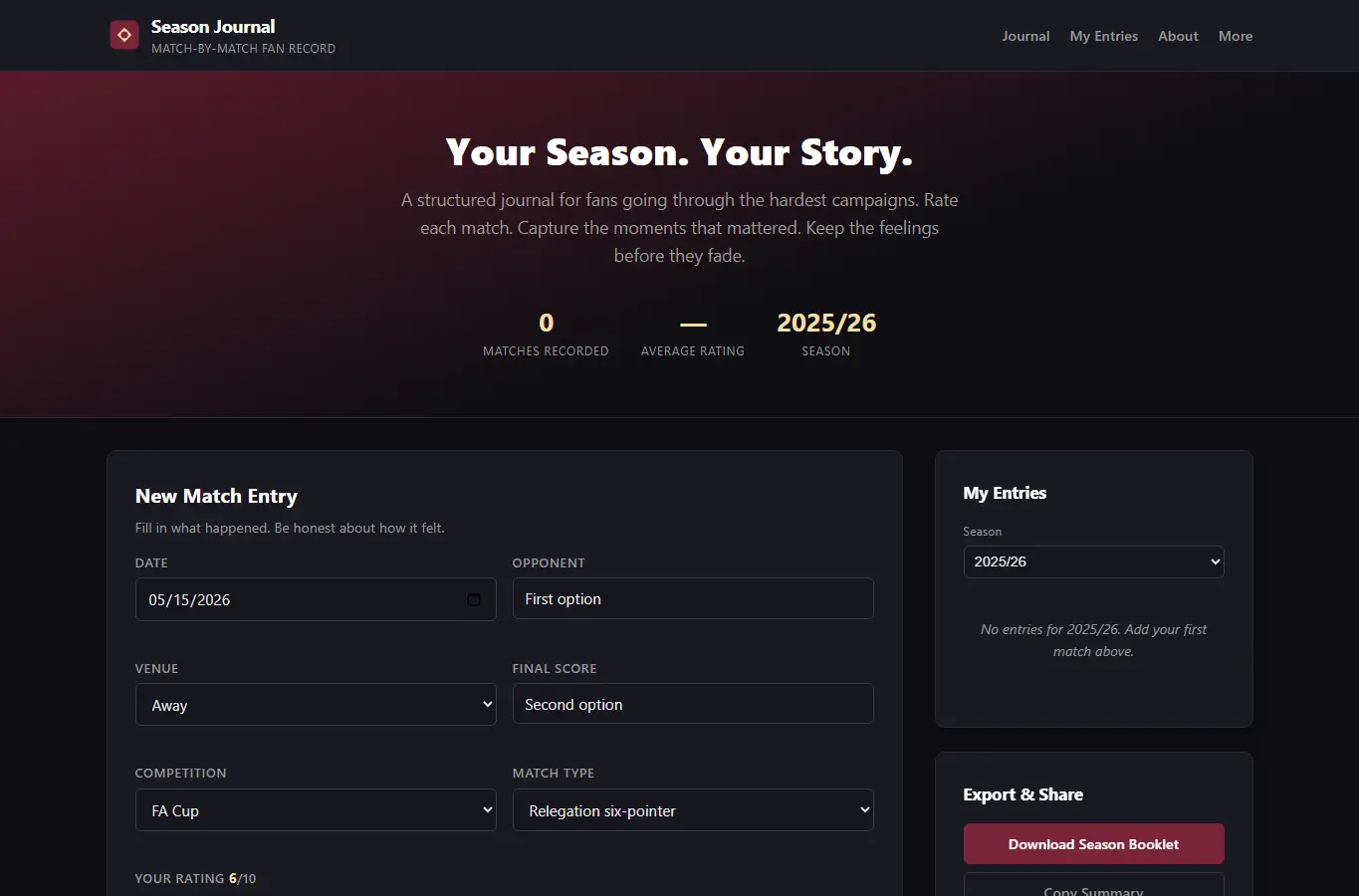 Screenshot of Club Season Review Journal interface showing the project page in use